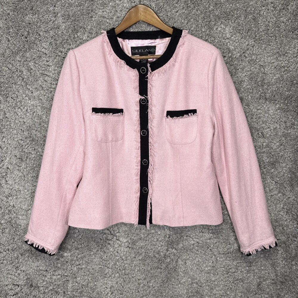 Silkland Women’s Tweed Silk Blend Jacket Pink Size 16 Preppy Old Money